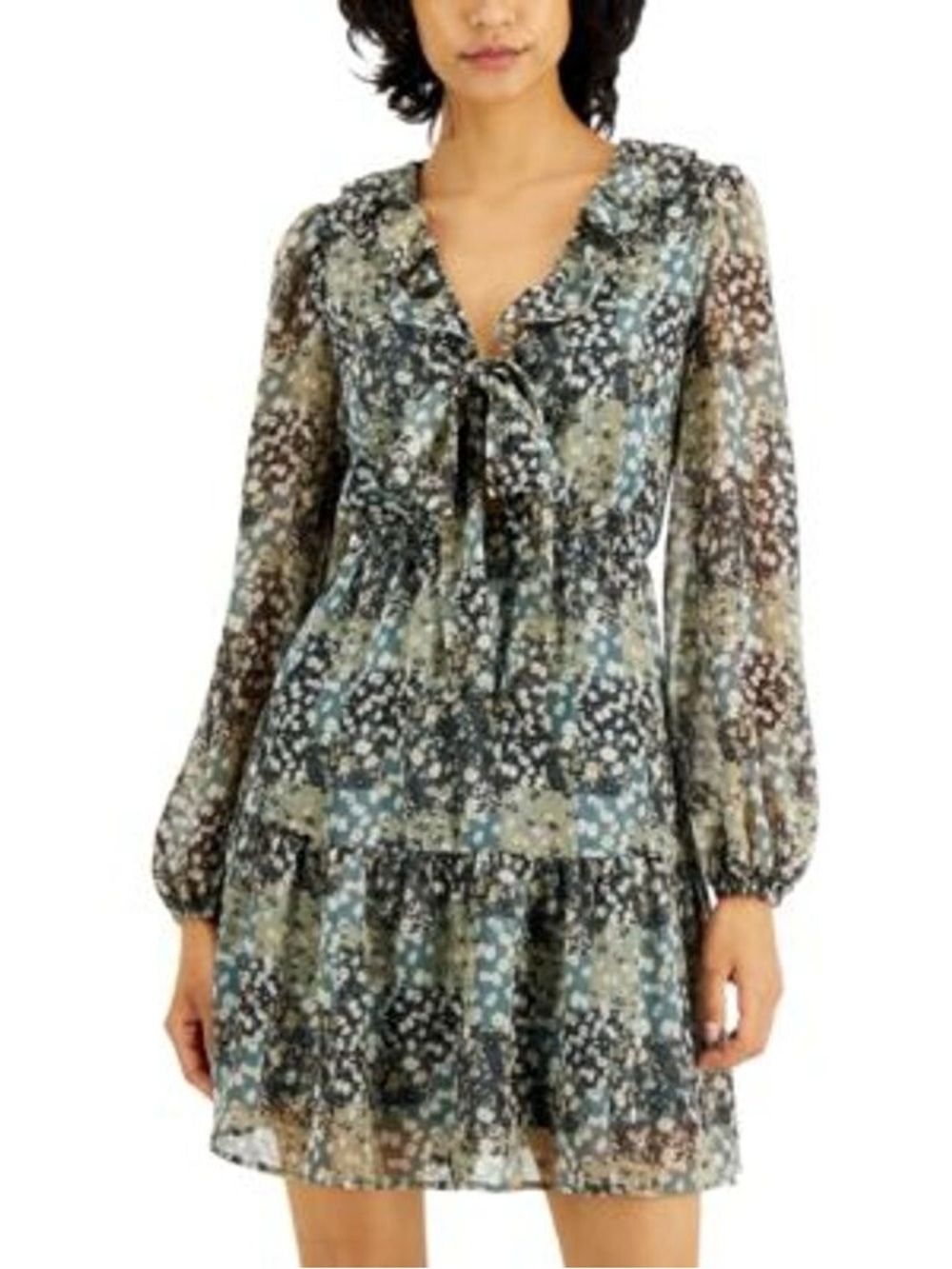 Sheer Floral Tie-Neck Long Sleeve Dress in Olive Multi